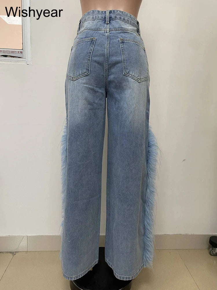 Washed Blue Spliced Feather Jeans Women High Waist Patchwork Button Demin Wide Leg Pants Female Boyfriend Streetwear Trousers