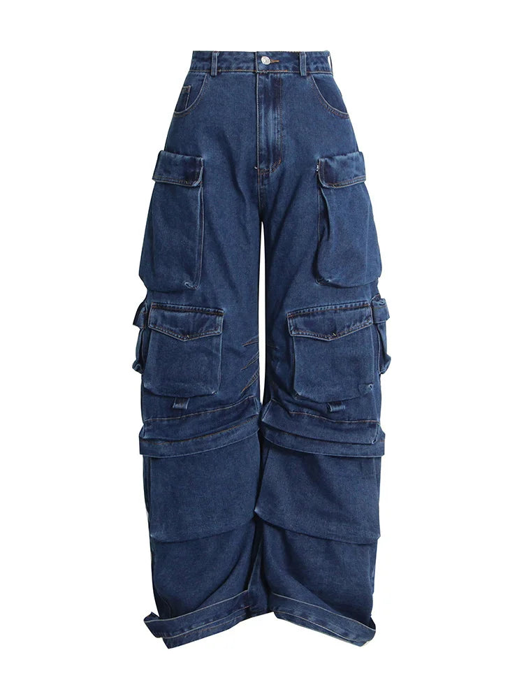 TWOTWINSTYLE Fashion Style Patchwork Button Jeans High Waist Spliced Pocket Loose Casual Denim Wide Leg Pants Female Autumn 2022