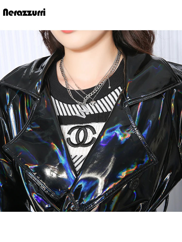 Nerazzurri Autumn Extra Long Black Holographic Shiny Reflective Stretchy Soft PVC Leather Trench Coat for Women European Fashion