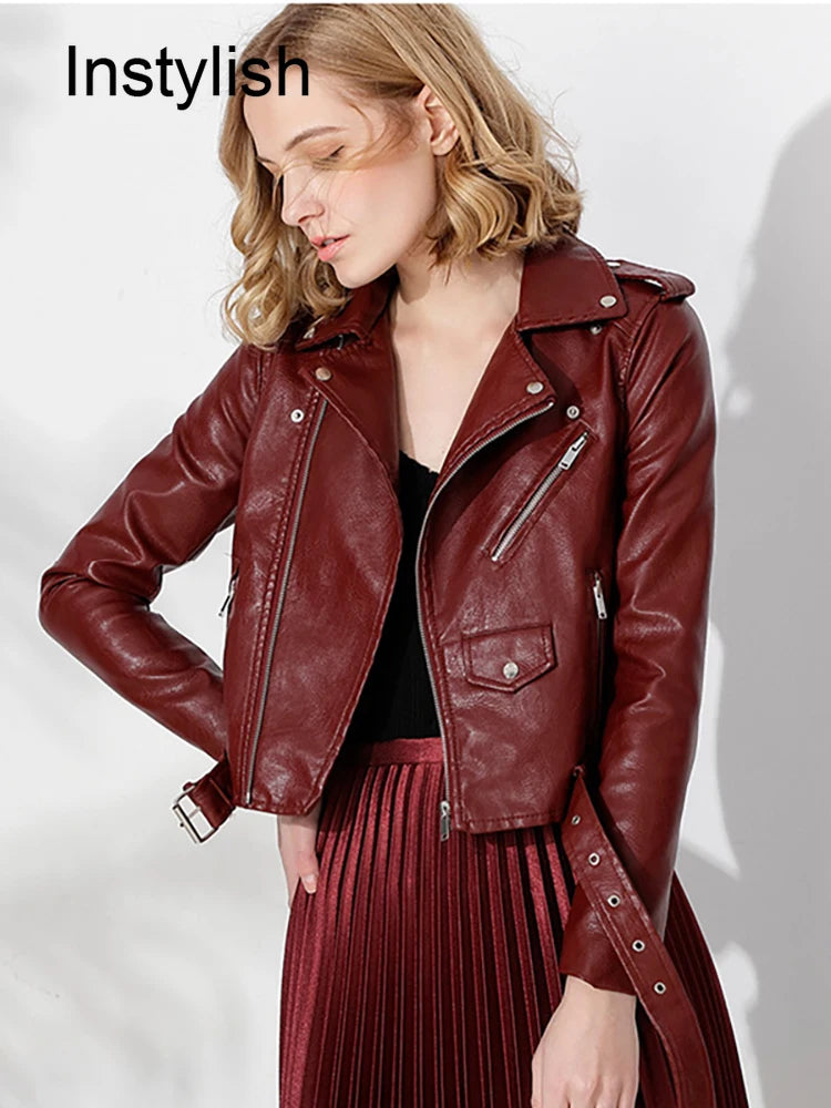 Women Autumn Winter Faux Leather Zipper Jacket Elegant PU Leather Lapel Crop Coat Vintage Motorcycle Biker Outwear with Belt