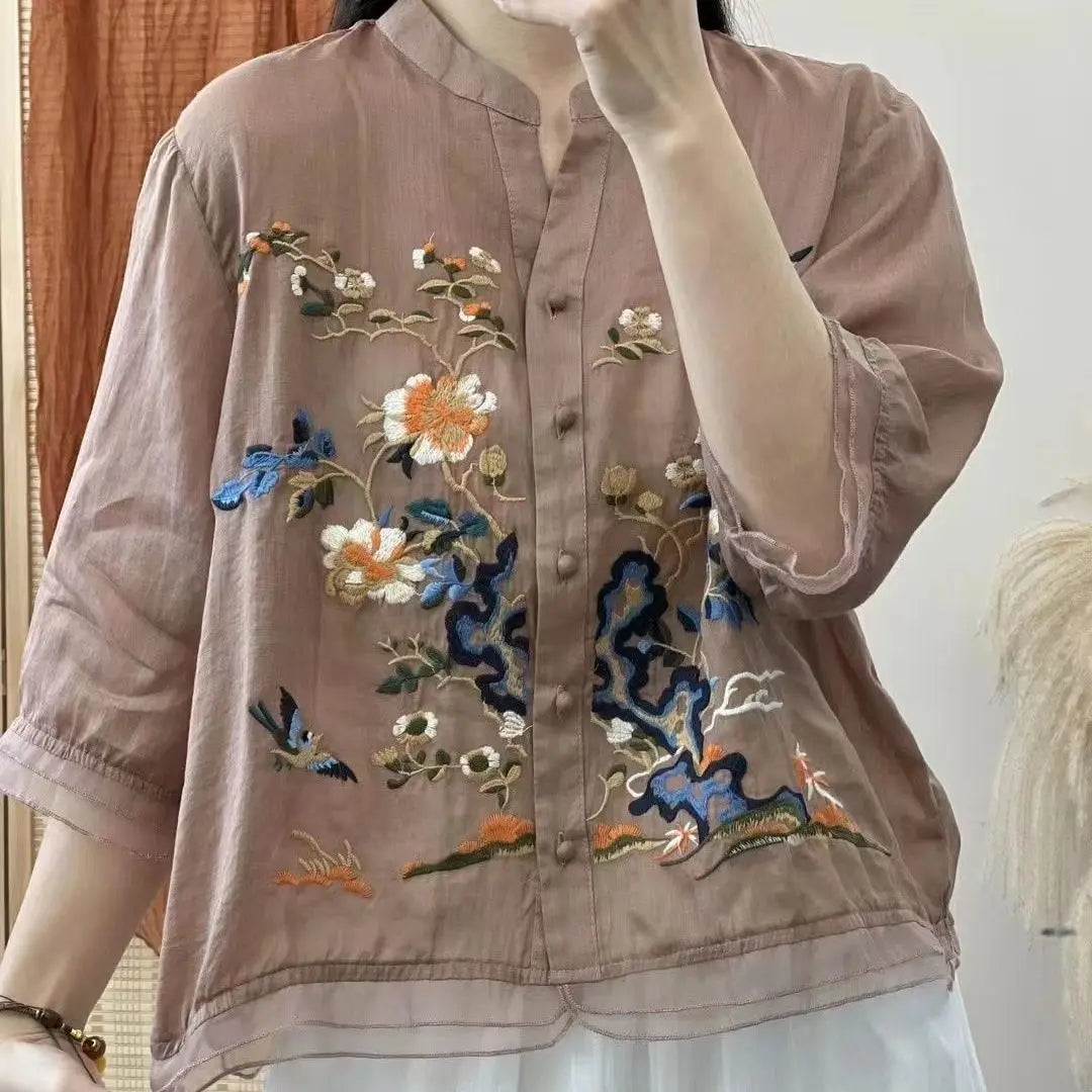 High-end Cotton and Linen Tops Female 2024 Summer New Embroidered Cardigan Shirt New Chinese Style Patchwork Bag Buckle Shirt