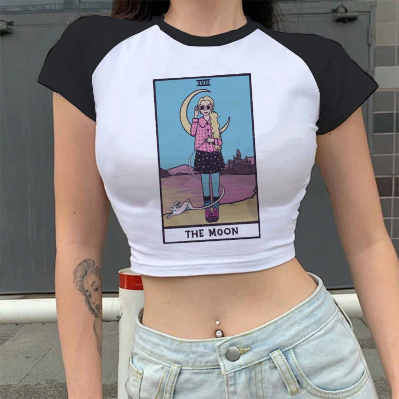 Lady Fashion Women Short Sleeve Summer Harajuku Crop Top Clothes Tshirt Female Tarot Print Cute Lovely Casual Aesthetic T-Shirt