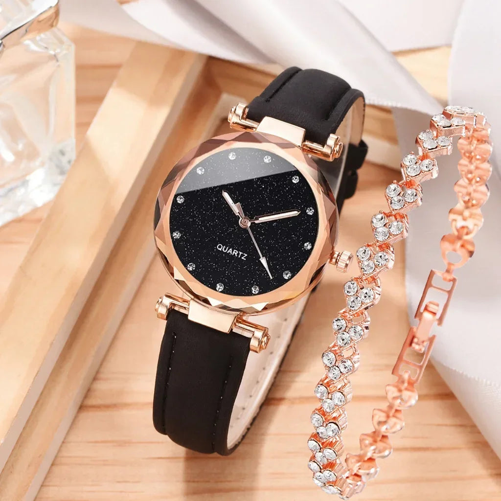 Ensemble de montres de luxe pour femmes, 2 pièces, bracelet en cuir PU, montre-bracelet à quartz pour dames, strass, bracelet en alliage or rose pour dames, cadeau