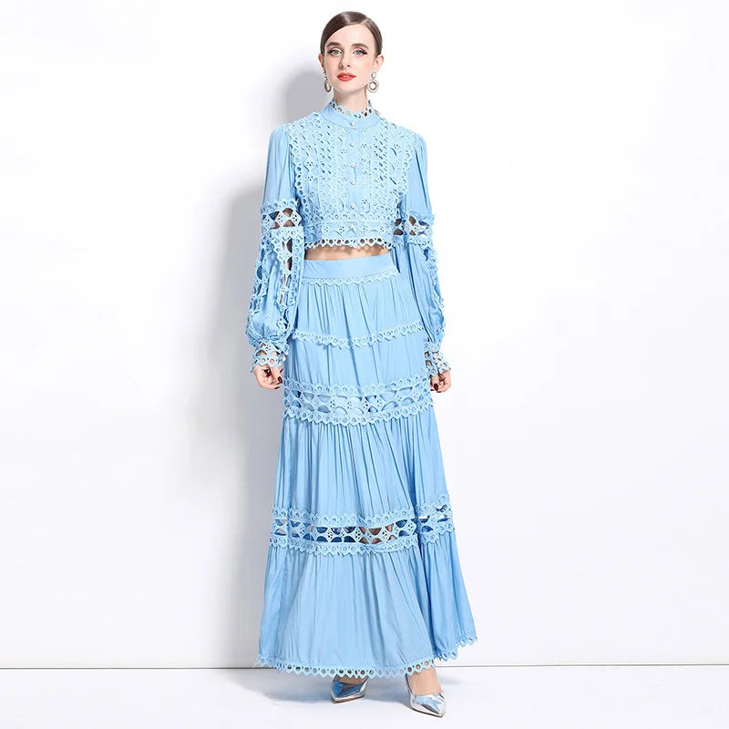 Elegant Long Maxi Dress 2 Piece Sets Women 2025 Spring Summer Holiday Embroidery Pearls Hollow Out Party Crop Tops Skirts Suits