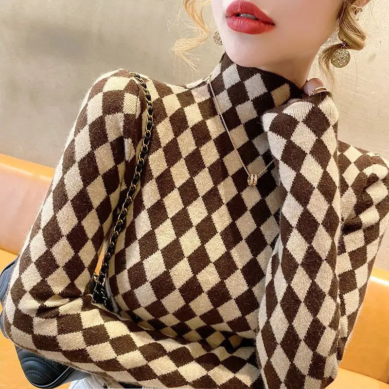 Vêtements pour femmes Mode Élégant Col Montant Manches Longues Pulls Printemps Automne Chic Mince Plaid All-match Hauts Bureau Dame Pulls