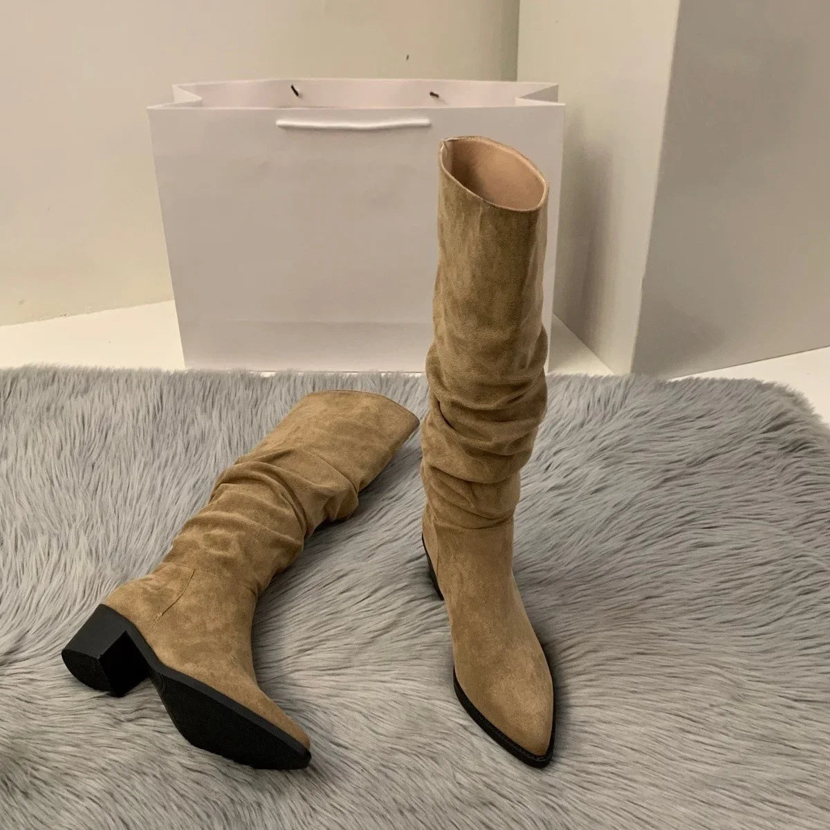 Women's Boots High Heels Long Boots Shoes New Autumn Winter Plush Pointed Anti Slip Wrinkled Fashion Outdoor Knight Boots