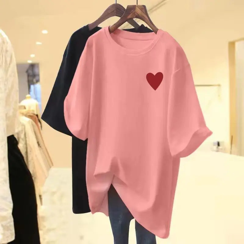 Summer Little Love Printed Loose Casual Pullover Lady Pure Cotton T-shirt Women Short Sleeve Crew Neck Basics Top Tees