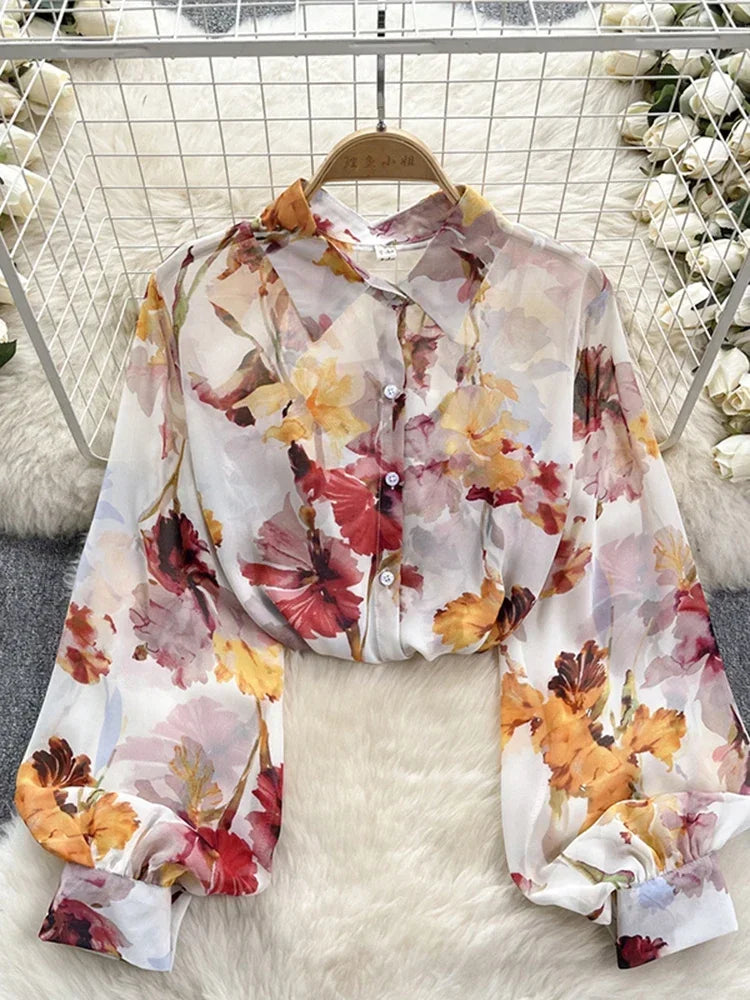 Spring Autumn Temperament Fashion Retro Chiffon Floral Blouses Print Loose Lapel Puff Sleeve Top Button Up Shirt Female GD611