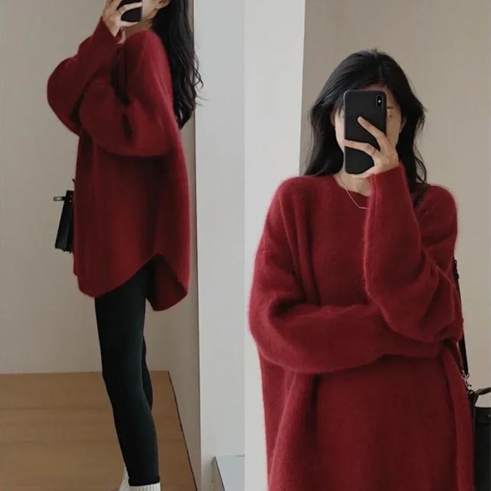 Women's Sweater Long Red Knit Tops for Woman Pullovers Autumn Winter 2024 Y2k Fashion Korea Sleeve Jersey New Collection in Cold