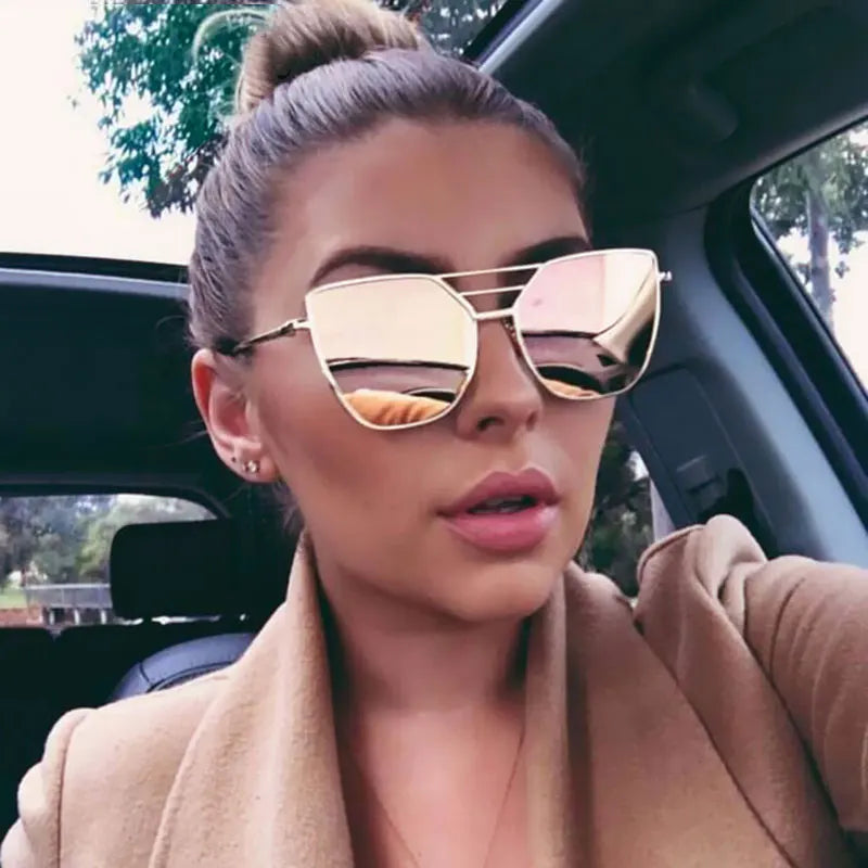 Flat Top Rose Gold Pink Sunlgasses Brand Designer 2023 Women Men mirror fashion Cool Oculos De Sol feminino