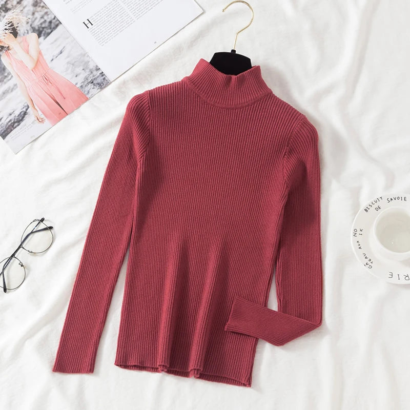 ZOKI Autumn Women Pullover Sweater Fashion Half Turtleneck Knitted Female Jumper Long Sleeve Winter Black Soft Elastic Blouse