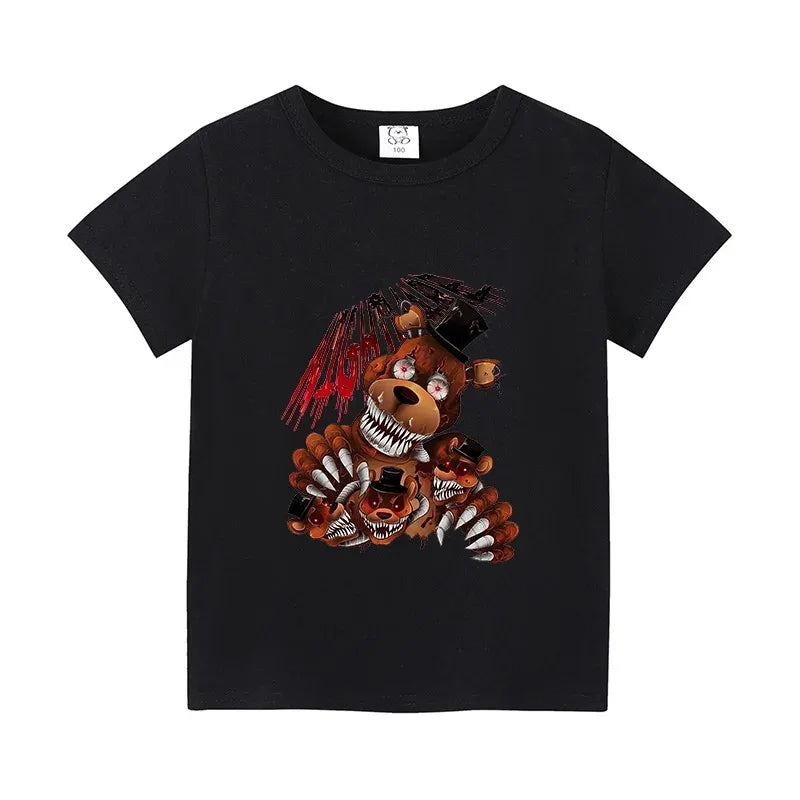 Fnafs T-shirt for Children Five Nights Freddys Short Sleeve Shirt White Black Tee Anime Printed Clothing Kid Gift for Boy Girl