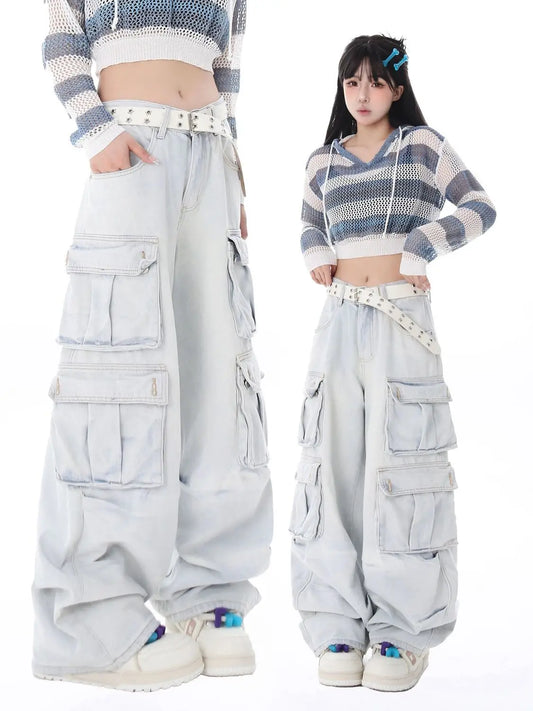 Salopette multi-poches bleu clair mode coréenne rétro pour femme, pantalon large style Harajuku hip-hop gothique décontracté Joker