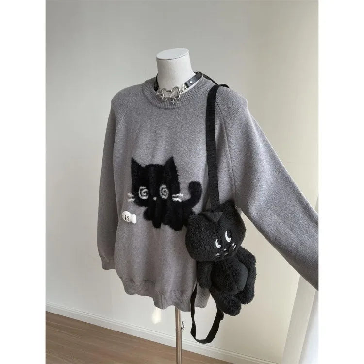 Harajuku Cute Black Cat O-neck Knitted Pullover 2025 Spring Autum New Tops Women Y2k Long Sleeve Loose Sweaters Mujer