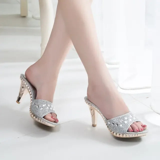 Summer Women Sandals Rhinestone Women Shoes Sexy High Heels Shoes Women Sandalias Gold Silver Women Slippers Heeled Sandals Sexy