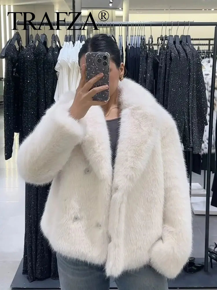 TRAFZA Female Elegant Solid 3-Color Faux Fur Effect Long Sleeve Cardigan Coat Winter Women's High Street Pockets Coat Mujer