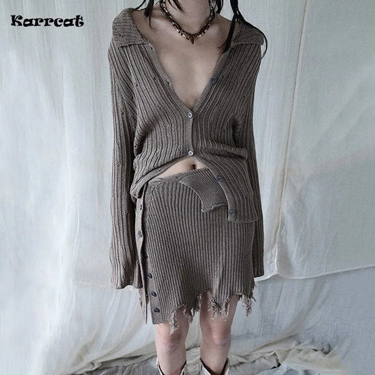 Karrcat Grunge Aesthetics Two Pieces Set Trashy Y2k Style Knitted Skirt Set Vintage Gothic Punk Distressed 2-piece Set Outfit