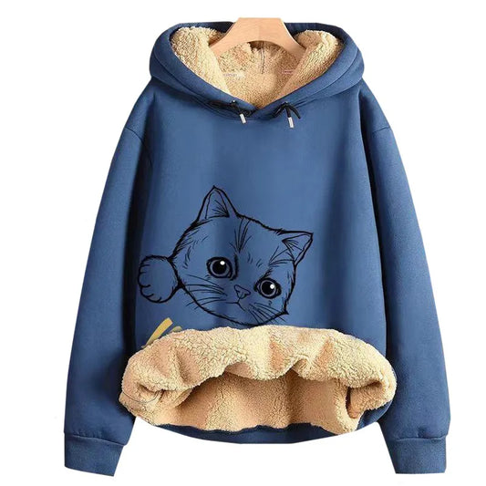 Inner Lining Composite Lamb Fleece Sweatshirt Thick Winter Loose Keep Warm Hoodie Peeking Cartoon Cat Women's Oversized Pullover