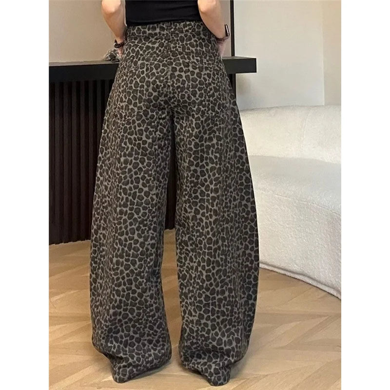 Leopard Print Womens Jeans High Waist Vintage Design Straight Baggy Denim Pants Street Y2K American Style Wide Leg Denim Trouser