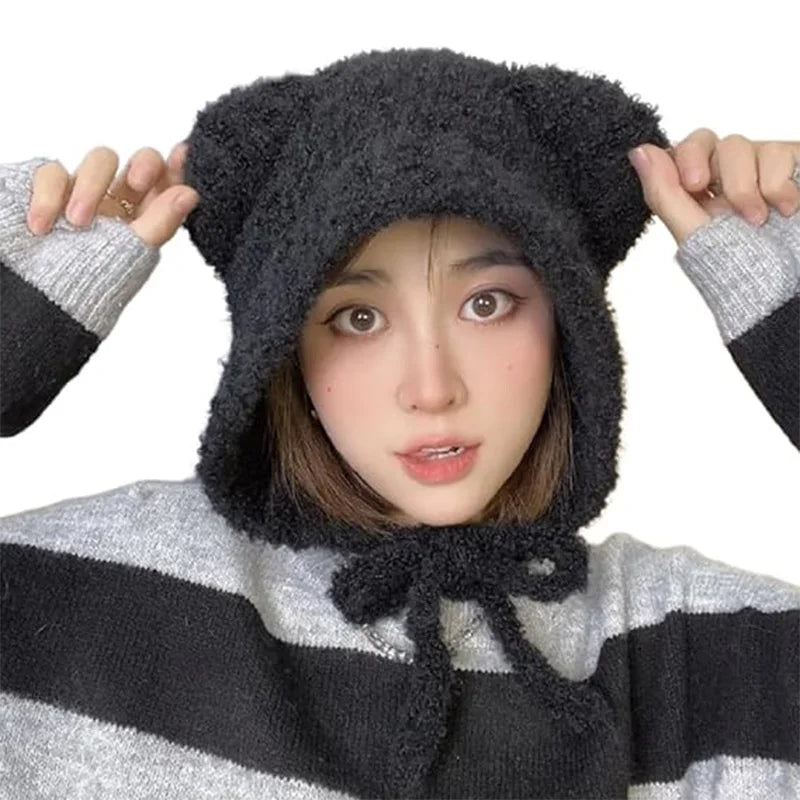 Winter Plush Beanies Cute Bear Ear Wool Hat Warm Lace-up Ear Protection Knitted Bomber Cap Bonnets Knitting Korea Women Gorros