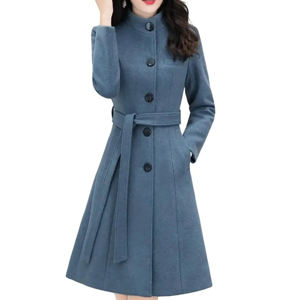 Trendy Women Outwear Long Sleeve Super Soft Women Woolen Coat  Slim Fit Belt Trench Coat