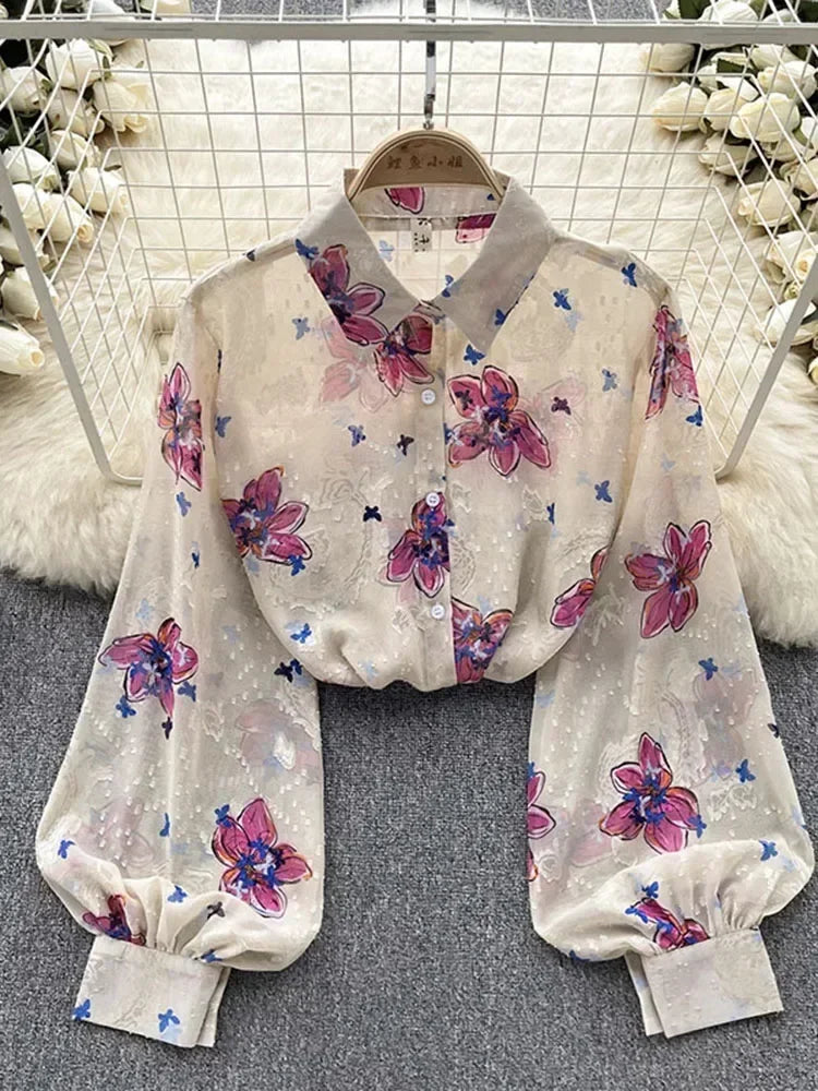 Spring Autumn Temperament Fashion Retro Chiffon Floral Blouses Print Loose Lapel Puff Sleeve Top Button Up Shirt Female GD611