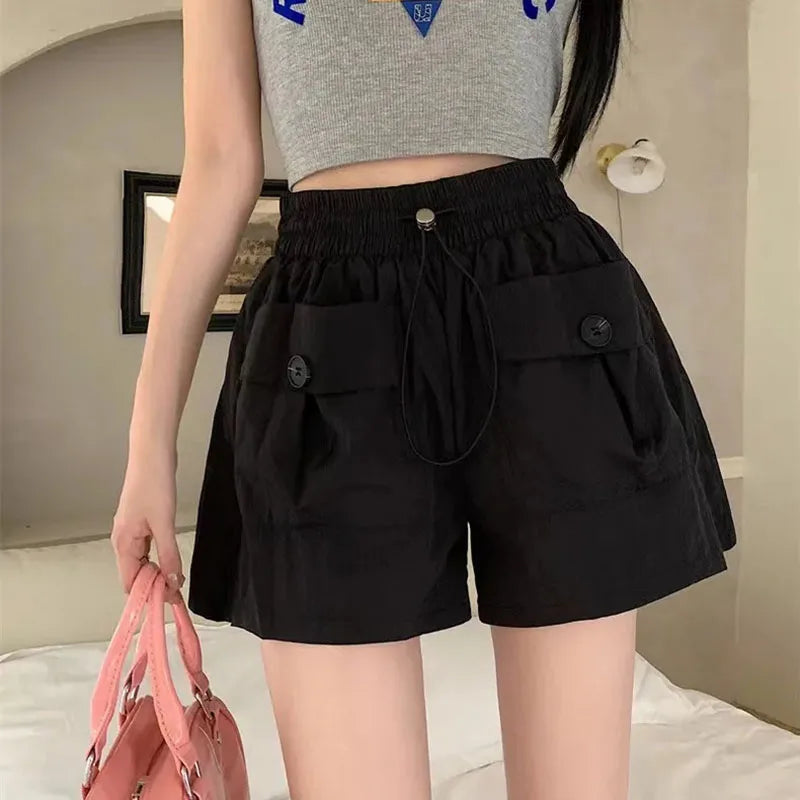 Y2K Fashion Street Cargo Shorts Women Summer Loose High Waist Drawstring Sports Pants Ladies Korean Casual Wide Leg Pants New