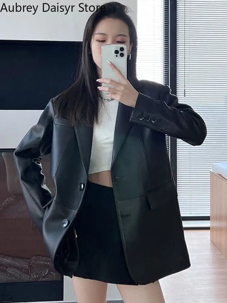 Korean Black Leather Jacket Women Streetwear Loose Formal Leather Blazers Female Fashion Trend Chic Punk Leather Jacket 2023 New