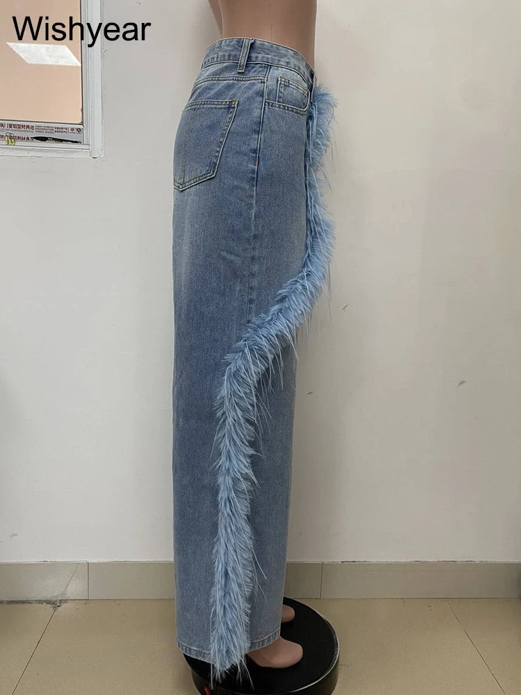 Washed Blue Spliced Feather Jeans Women High Waist Patchwork Button Demin Wide Leg Pants Female Boyfriend Streetwear Trousers