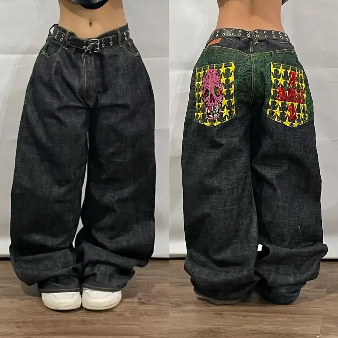 Pantalon large droit à motif de crâne de personnalité de nouveau style américain Pantalon en denim délavé taille haute ample tendance Harajuku Y2K