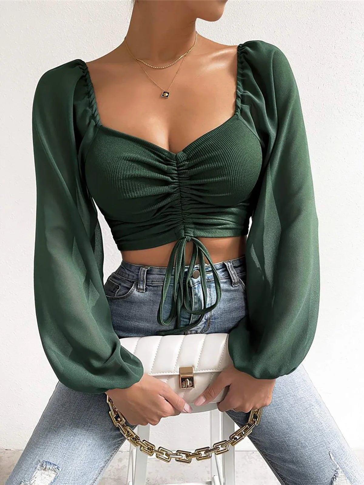 S-3XL Mesh Lantern Sleeves Drawstring Wrap Chest Bare Midriff T-Shirt Women Long Sleeve Ruched Blouse Sexy Crop Top Tee K5995