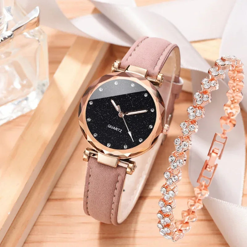 Ensemble de montres de luxe pour femmes, 2 pièces, bracelet en cuir PU, montre-bracelet à quartz pour dames, strass, bracelet en alliage or rose pour dames, cadeau