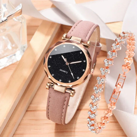 Ensemble de montres de luxe pour femmes, 2 pièces, bracelet en cuir PU, montre-bracelet à quartz pour dames, strass, bracelet en alliage or rose pour dames, cadeau