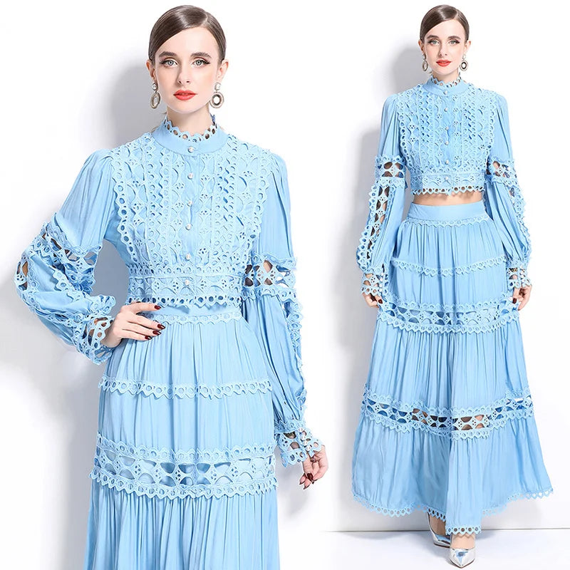 Elegant Long Maxi Dress 2 Piece Sets Women 2025 Spring Summer Holiday Embroidery Pearls Hollow Out Party Crop Tops Skirts Suits