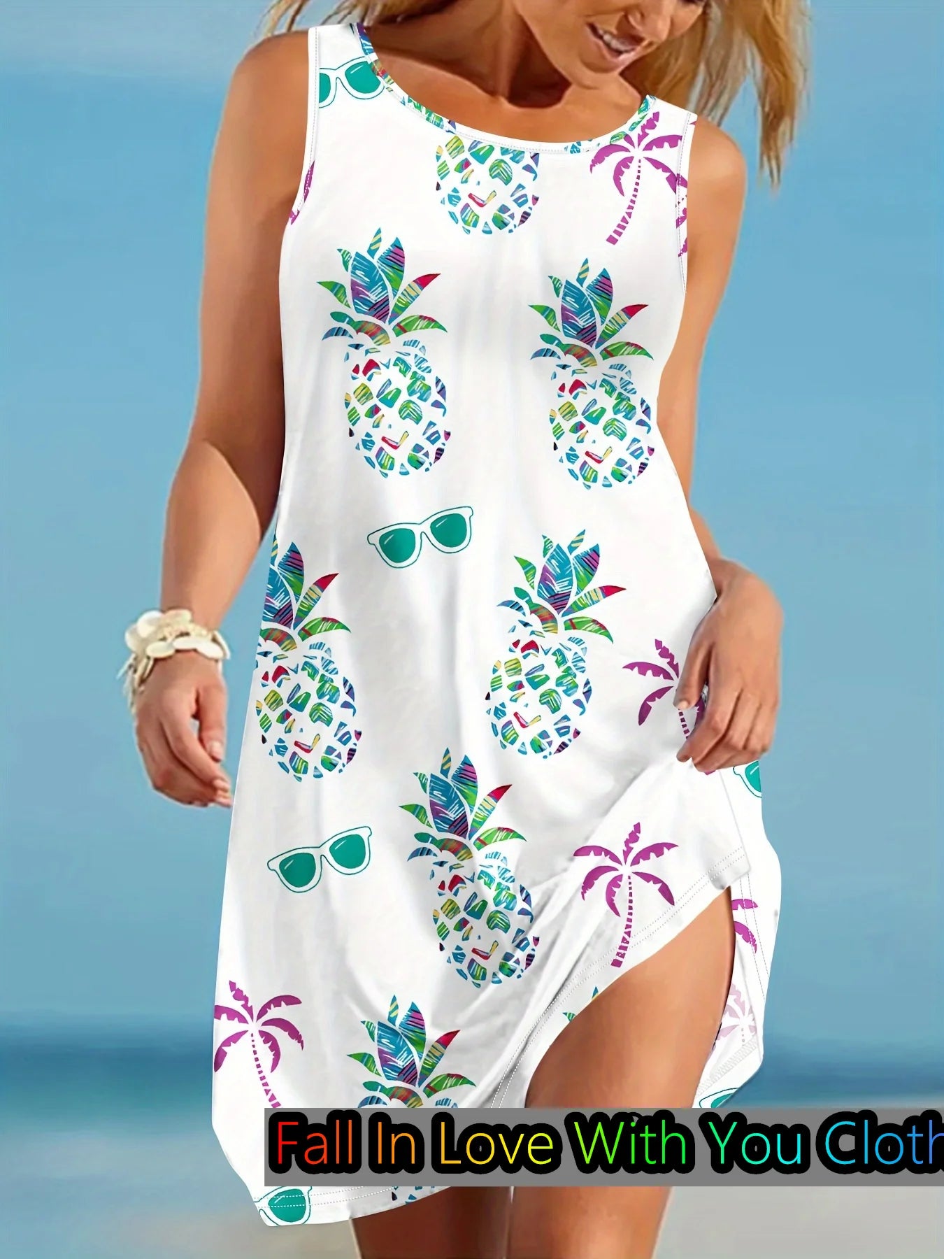 Fashion Bohemian Dress 3D Coconut Tree Print Sleeveless Round Neck Dress Summer Casual Dress Beach Bohemian Dress Women Clothing