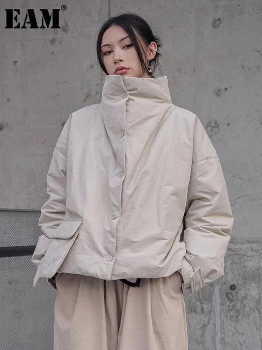 [EAM] Abricot Grande Taille Chaud Coton Rembourré Manteau À Manches Longues Coupe Ample Femmes Parkas Mode Marée Nouveau Automne Hiver 2025