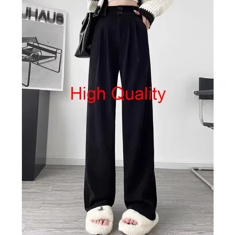 Women Fashion Suit Pants Lady Wide Straight Leg Classic Trousers Female Korean Mesh Linen Pants Stretch High Waist Basic Slacks