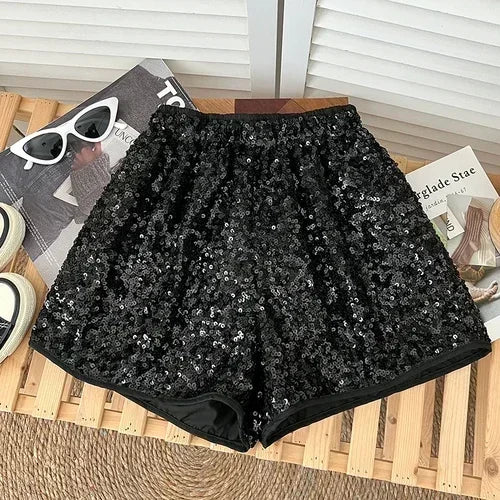 Korejpaa Women Shorts Chic Shiny Sequin Elastic Waist Wide Leg Pants Shorts Summer New Fashion Pantalones Cortos Femme