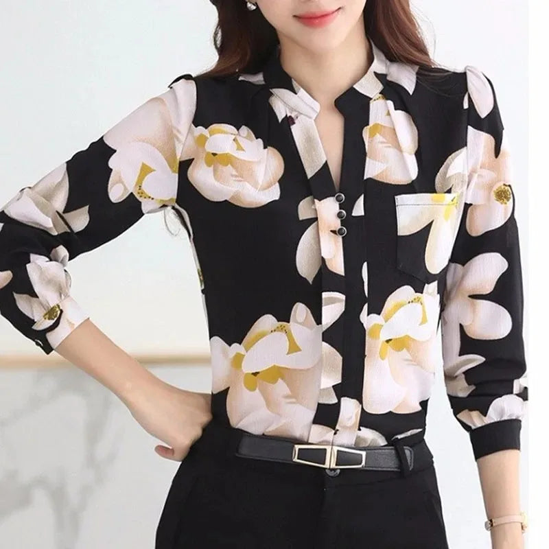 Women's Long Sleeve Chiffon Blouse, V-Neck Tops, Slim Fit Shirt, Office Lady Fashion Print Clothing, Spring, 2024 New, 882G