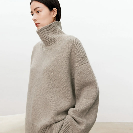 Turtleneck pure cashmere sweater female loose and thick languid lazy wind pullover sweater knitting base WOOL sweater