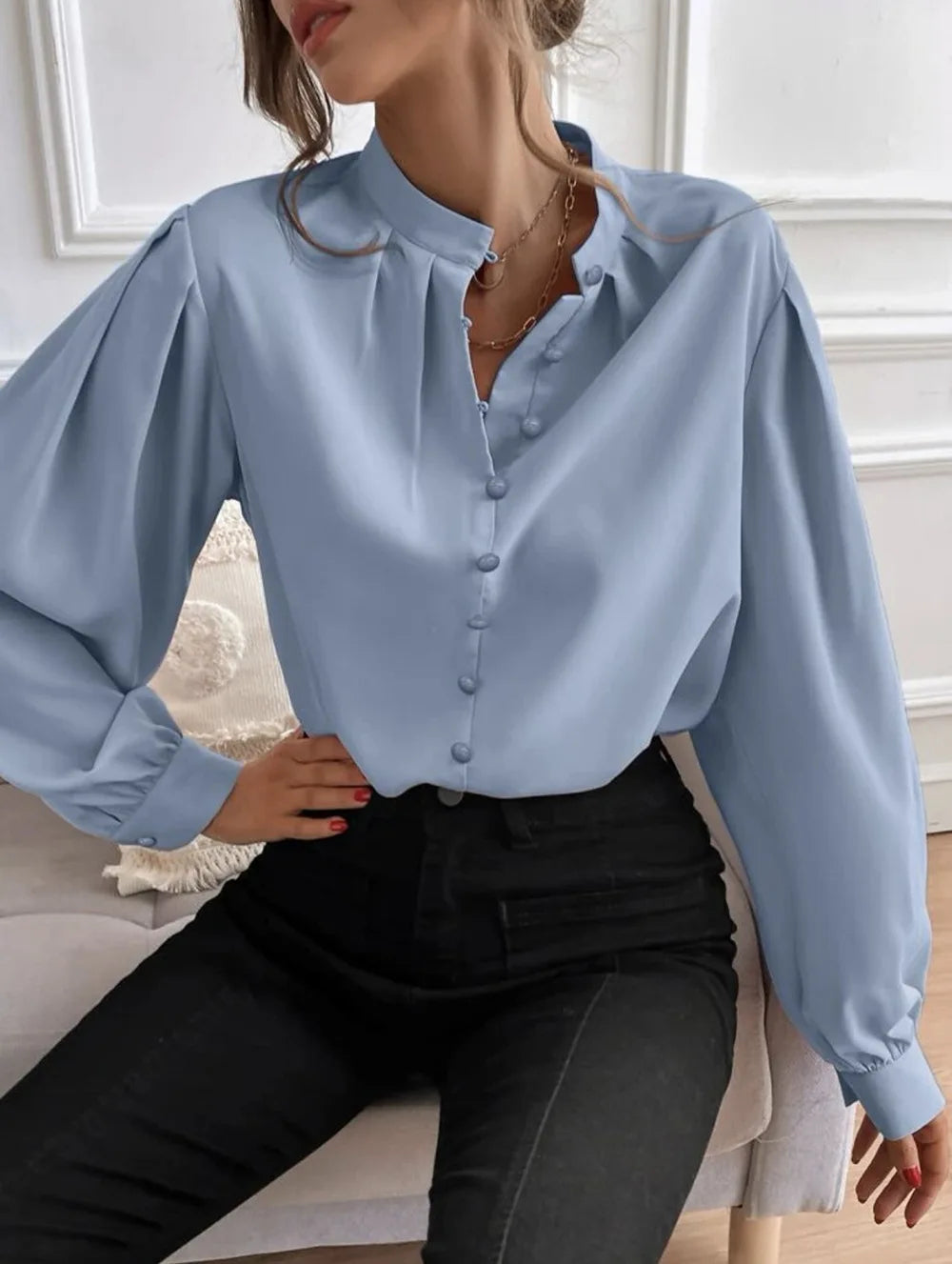 Elegant Temperament Female Clothing Solid Loose Fitting Lantern Long Sleeves Blouse Half Open Collar Pleated Pullover Shirt