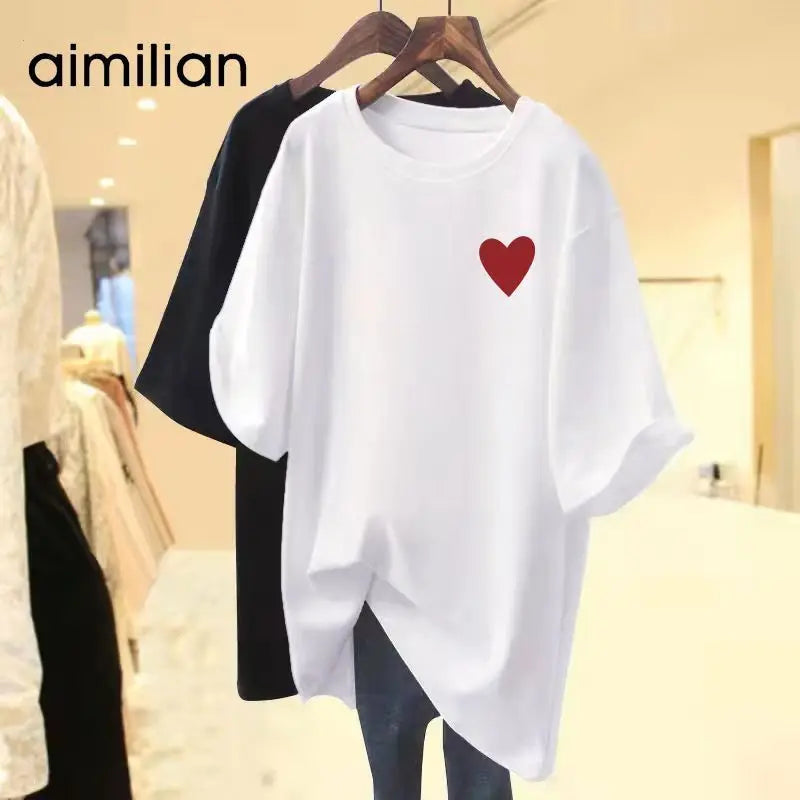 Summer Little Love Printed Loose Casual Pullover Lady Pure Cotton T-shirt Women Short Sleeve Crew Neck Basics Top Tees