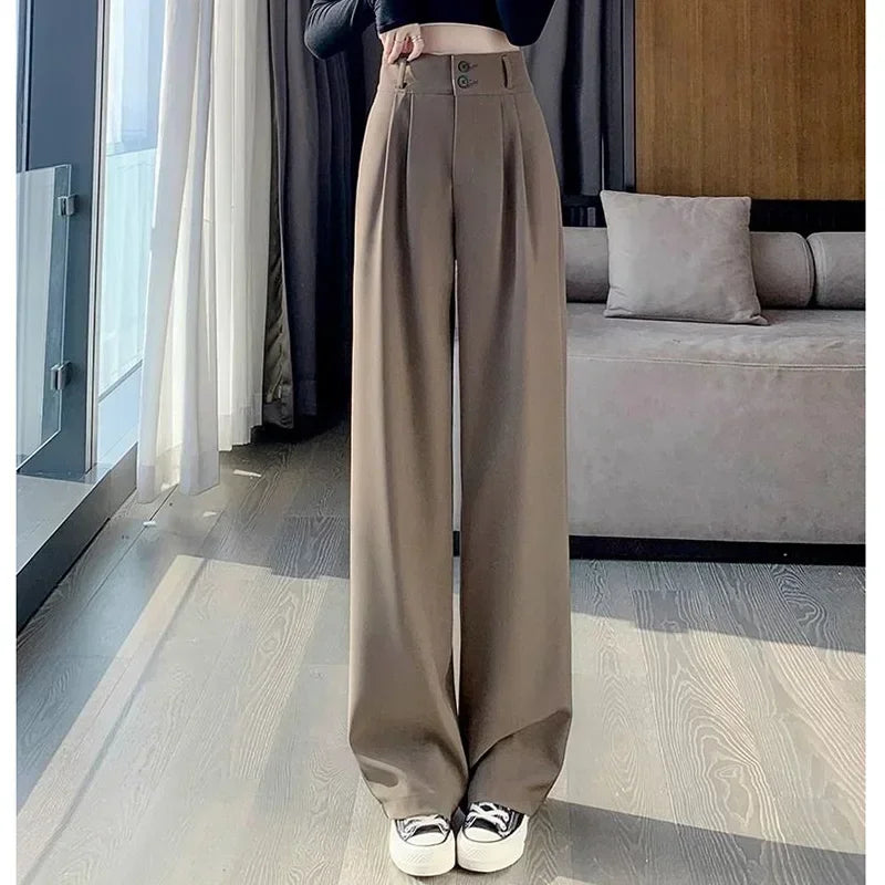 Women Fashion Suit Pants Lady Wide Straight Leg Classic Trousers Female Korean Mesh Linen Pants Stretch High Waist Basic Slacks