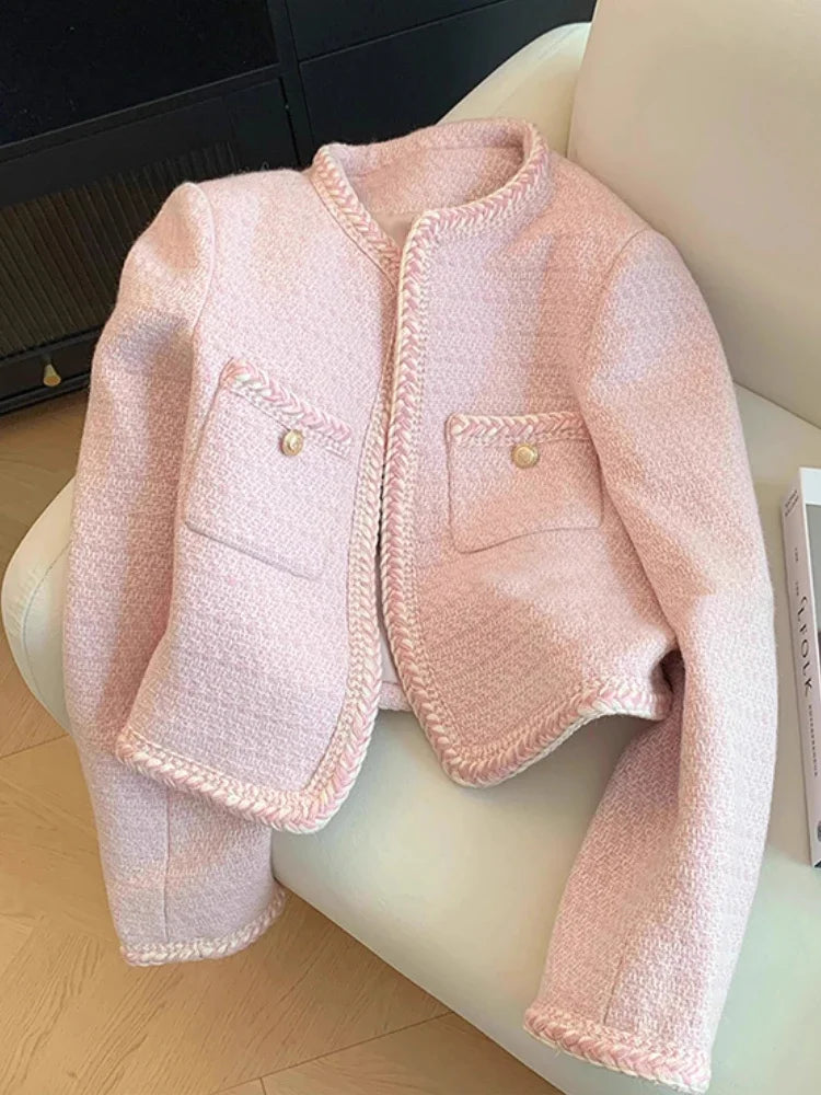 Single Breasted Elegant Cropped Coat Korean Fashion O-Neck Short Outerwear Autumn and Winter New Pink Sweet Tweed Jacket Women