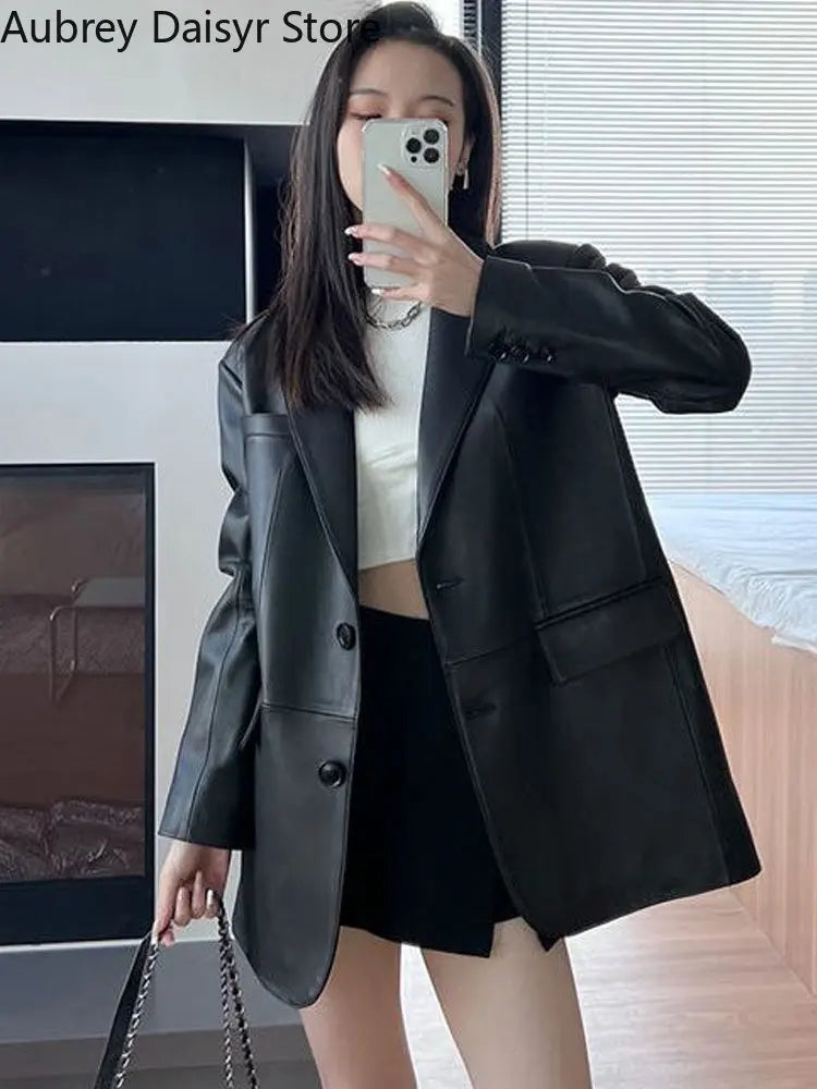 Korean Black Leather Jacket Women Streetwear Loose Formal Leather Blazers Female Fashion Trend Chic Punk Leather Jacket 2023 New