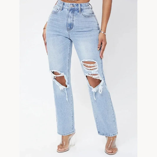 Pantalon en jean pour femme, pantalon long, ajouré, bleu, élégant, taille haute, crayon, jambe large, streetwear,