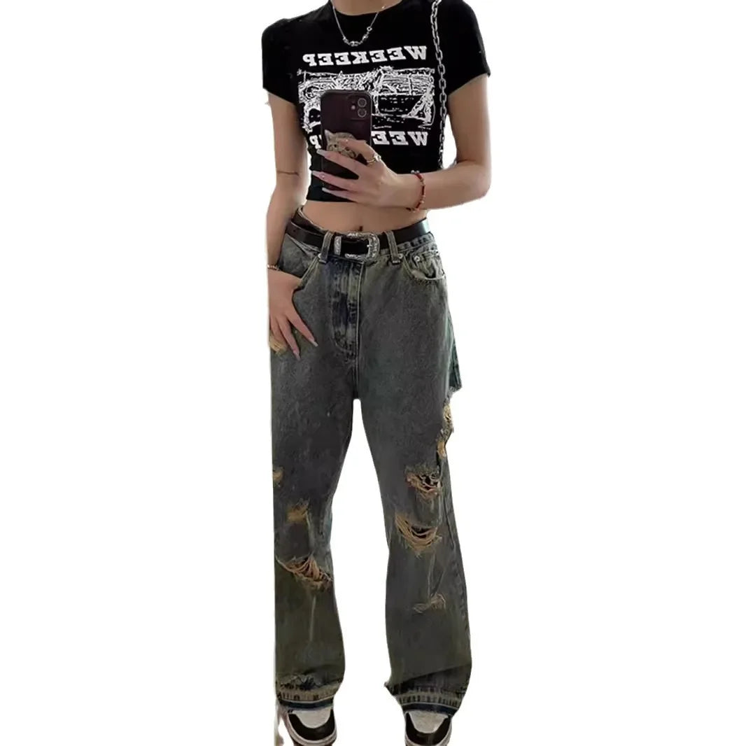 Trendy Loose-fit Wide-leg Jeans High-waisted Ripped Style European American Fashion For Women Summer 2023