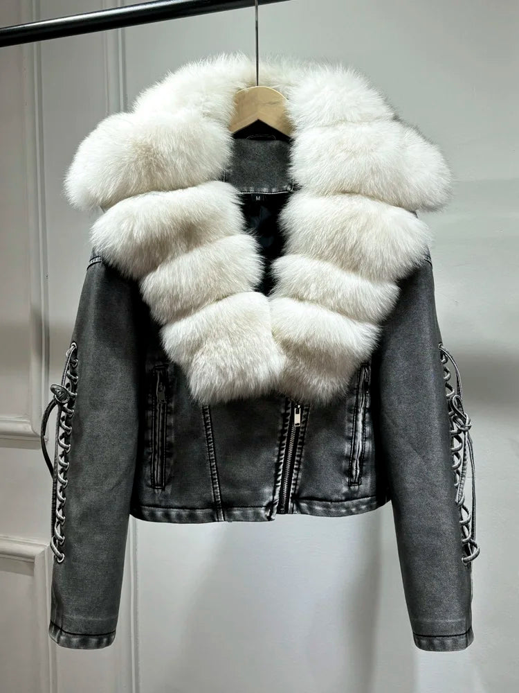 Janveny Super Big Natural Fox Fur 2024 Nouvelle Automne Hiver Femmes Faux PU Veste En Cuir Décontracté Dame Revers Fermeture Éclair Moto Manteau