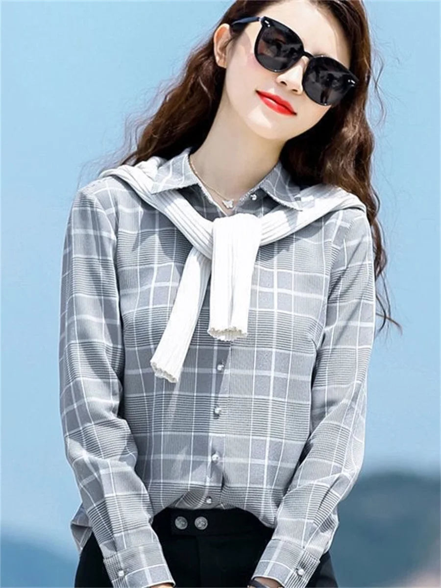 Women Spring Autumn Style Blouses Shirts Lady Casual Long Sleeve Turn-down Collar Plaid Printed Blusas Tops DF4712