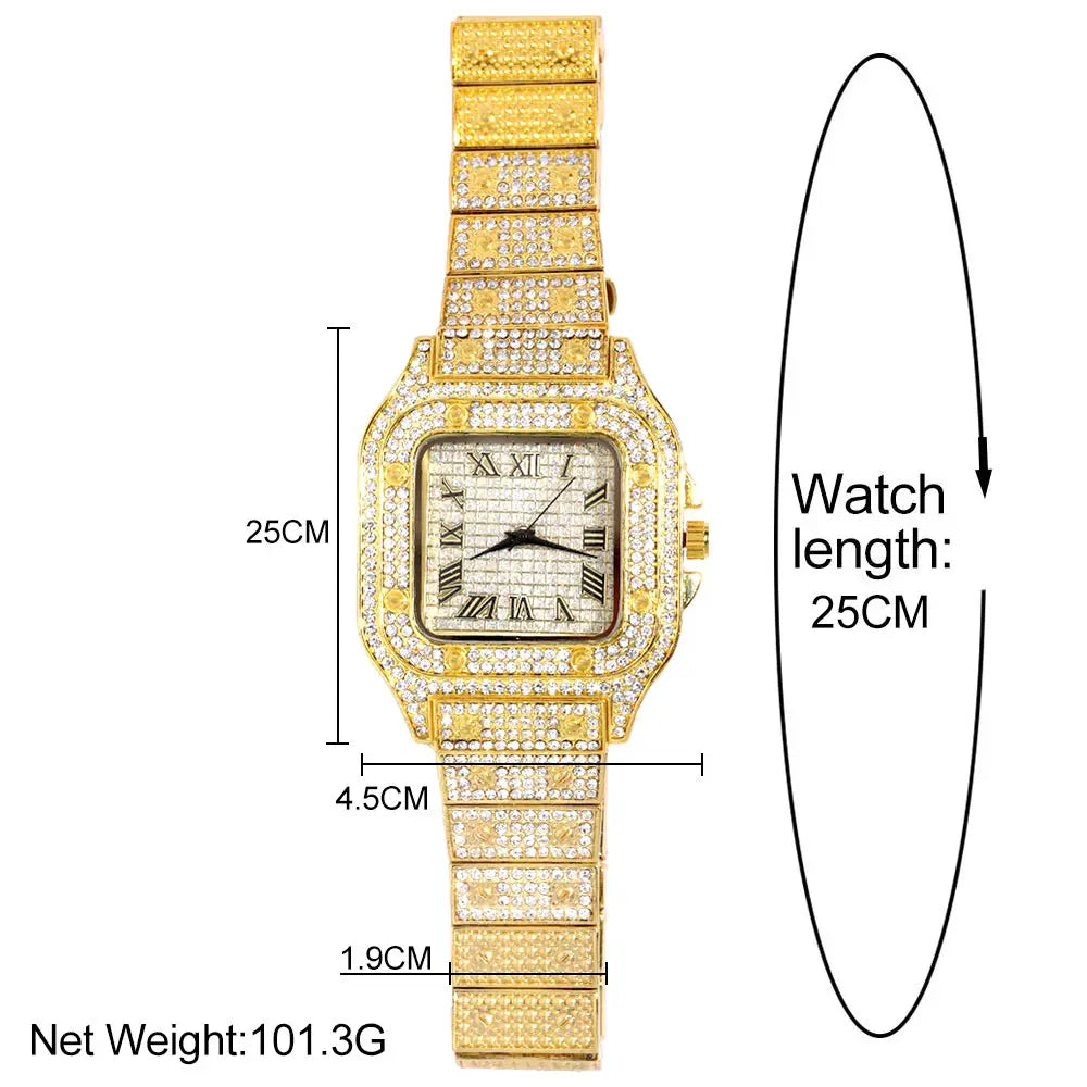 Montres à la mode entièrement glacées pour hommes et femmes, montre carrée en acier inoxydable, strass de luxe, montre à quartz carrée, cadeau de fête Hip Hop